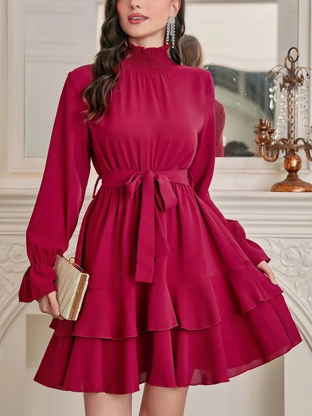 Elegant Burgundy Long-Sleeve Smocked Neck Tiered Dress